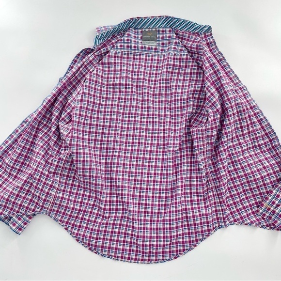 Thomas Dean Mens Large Pink and Blue Preppy Plaid Dress Business Casual Shirt - Picture 3 of 8